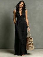 Women's Minimalist Linen-Blend Collared Single-Breasted Sleeveless Maxi Shirt Dress