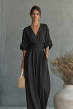 Women'S Surplice V‑Neck Cuffed Sleeve Wide‑Leg Linen‑Blend Jumpsuit