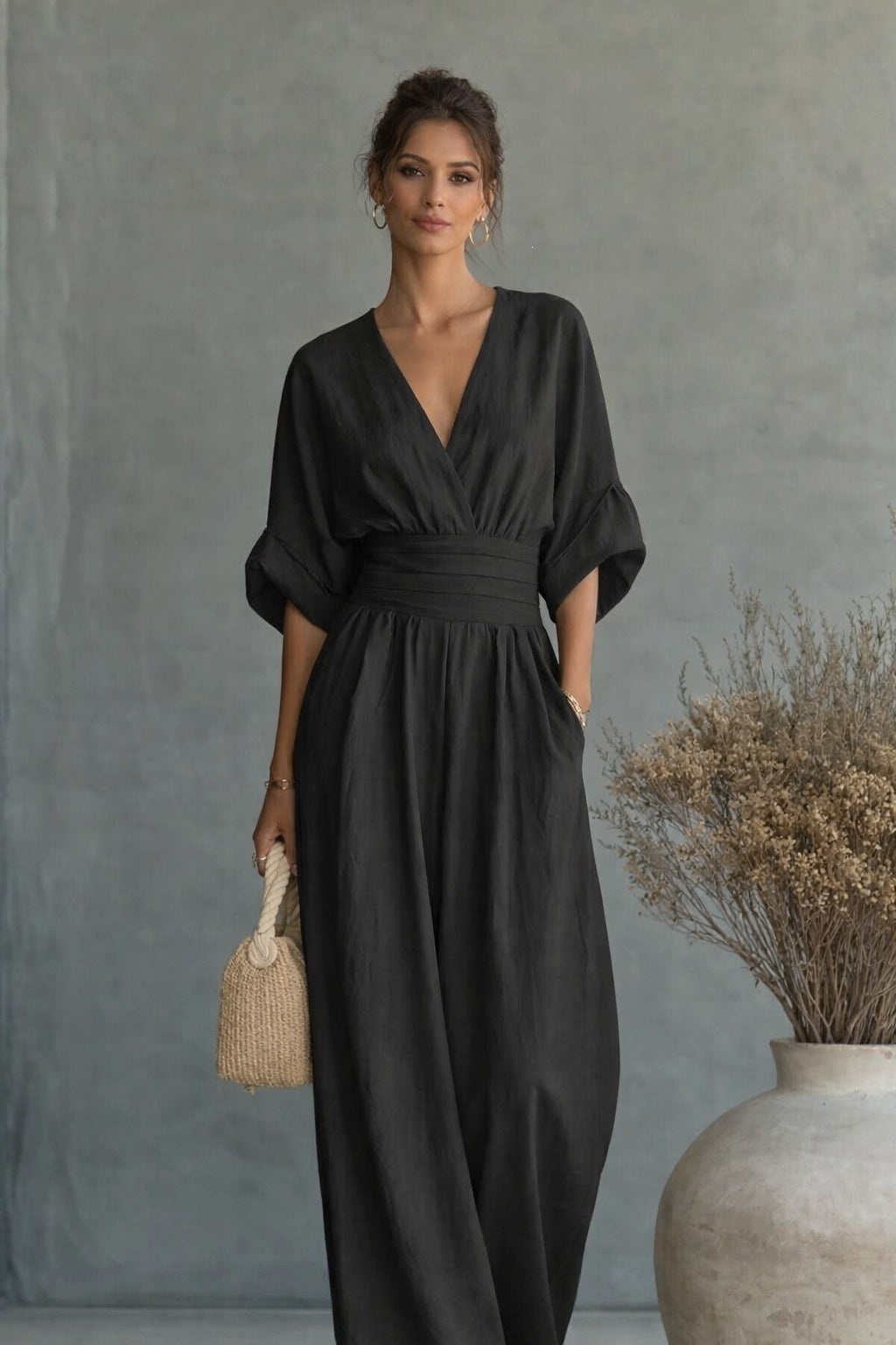 Women'S Surplice V‑Neck Cuffed Sleeve Wide‑Leg Linen‑Blend Jumpsuit