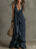 Casual Bohemian Urban V-Neck Short-Sleeved Ruffle Retro Dress