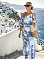 One Shoulder Cold Shoulder Puff Sleeve Striped Maxi Dress