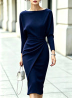 Boat-Neck Dolman Sleeve Midi Dress with Side Drape
