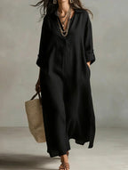 Lazy Style Solid Color Lapel Casual Long-Sleeved Shirt Dress
