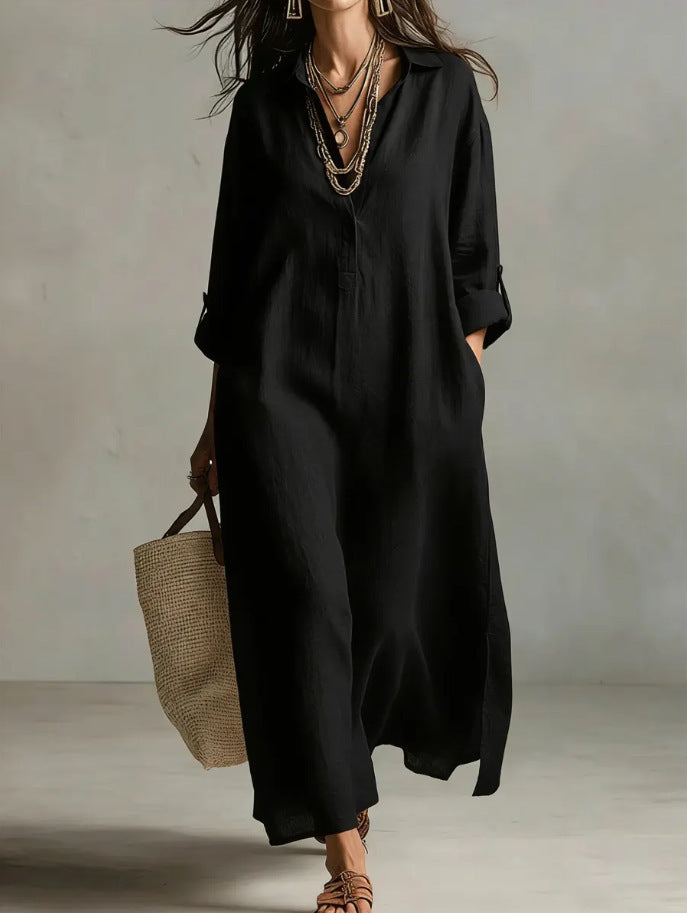 Lazy Style Solid Color Lapel Casual Long-Sleeved Shirt Dress