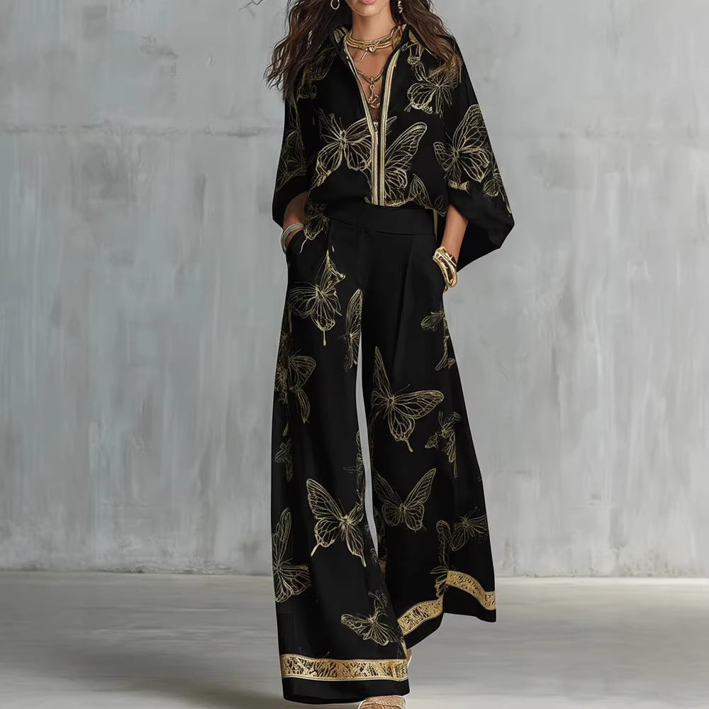 High Waist Wide Leg Pants Two Piece Set, Luxury Satin Elegant Vacation Matching Outfit
