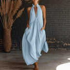Sleeveless Stand Collar Solid Color Long Vacation Dress