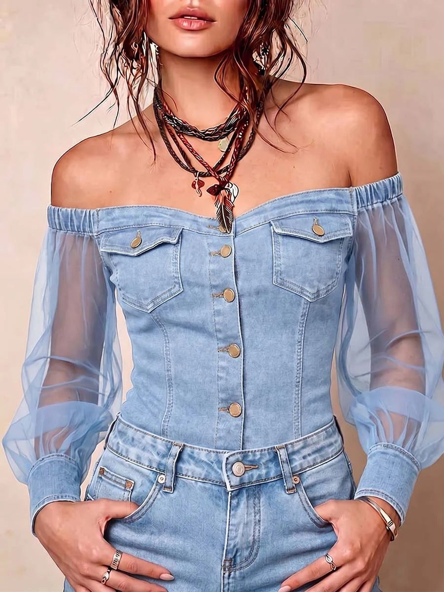 Off-Shoulder Denim Mesh Sleeve Top