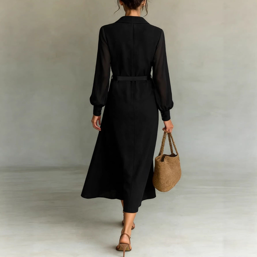 Sheer Sleeve Belted Maxi Shirt Dress
