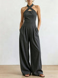 Crisscross Halter Keyhole Cutout High Waist Wide Leg Pantsuit with Pockets