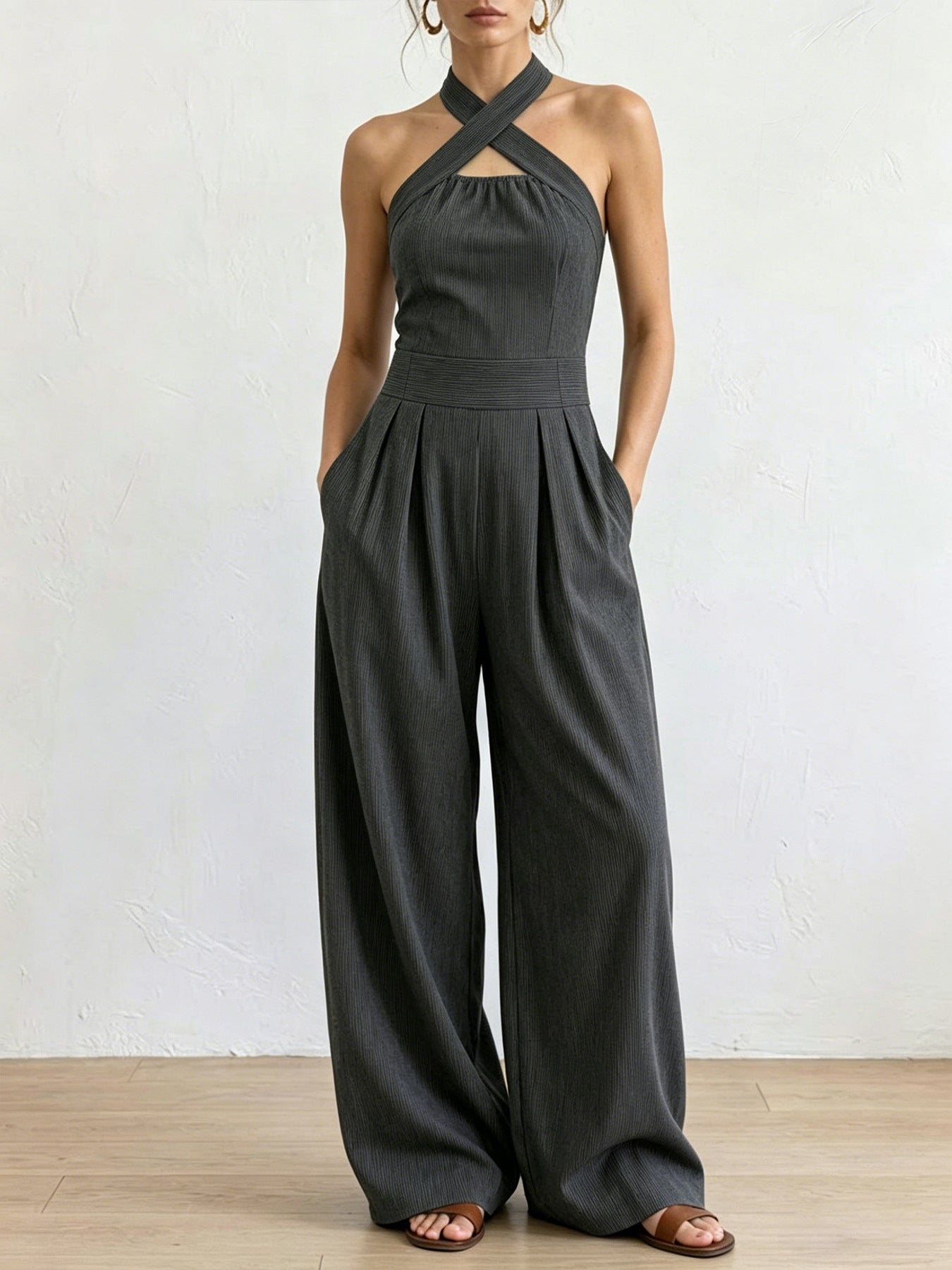Crisscross Halter Keyhole Cutout High Waist Wide Leg Pantsuit with Pockets