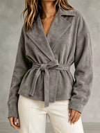 Women's Faux Suede Wrap Jacket with Self-Tie Belt