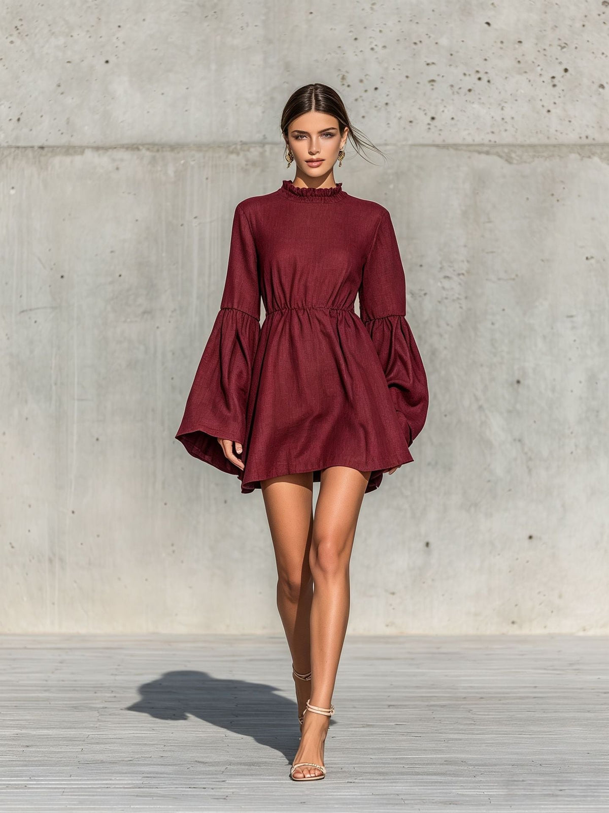 Ruffled High‑Neck Bell‑Sleeve Elastic Waist Mini Dress