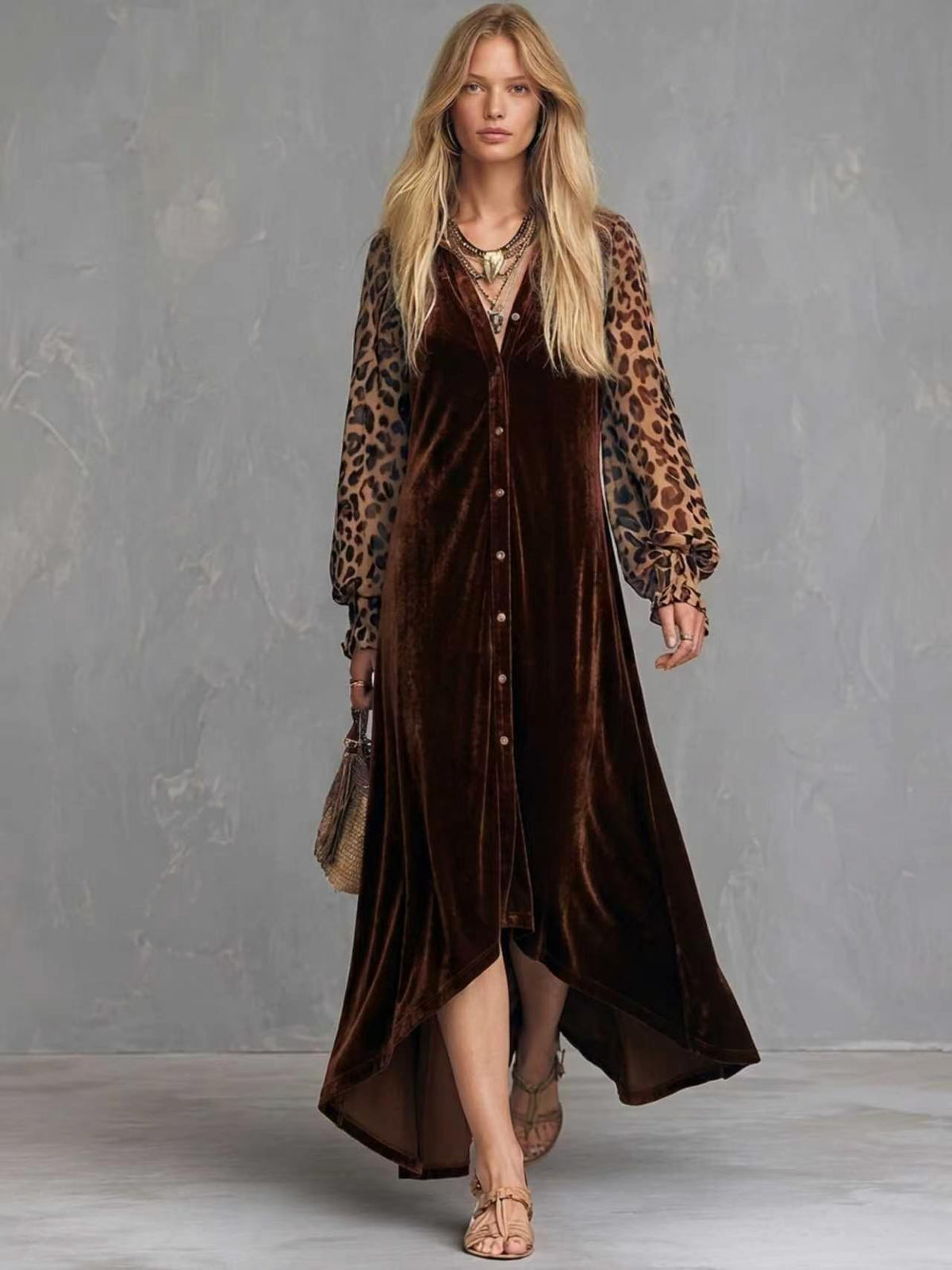Velvet Button-Front Maxi Dress with Sheer Leopard Print Sleeves