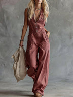 Women's Shirt-collar Sleeveless Wide-leg Jumpsuit