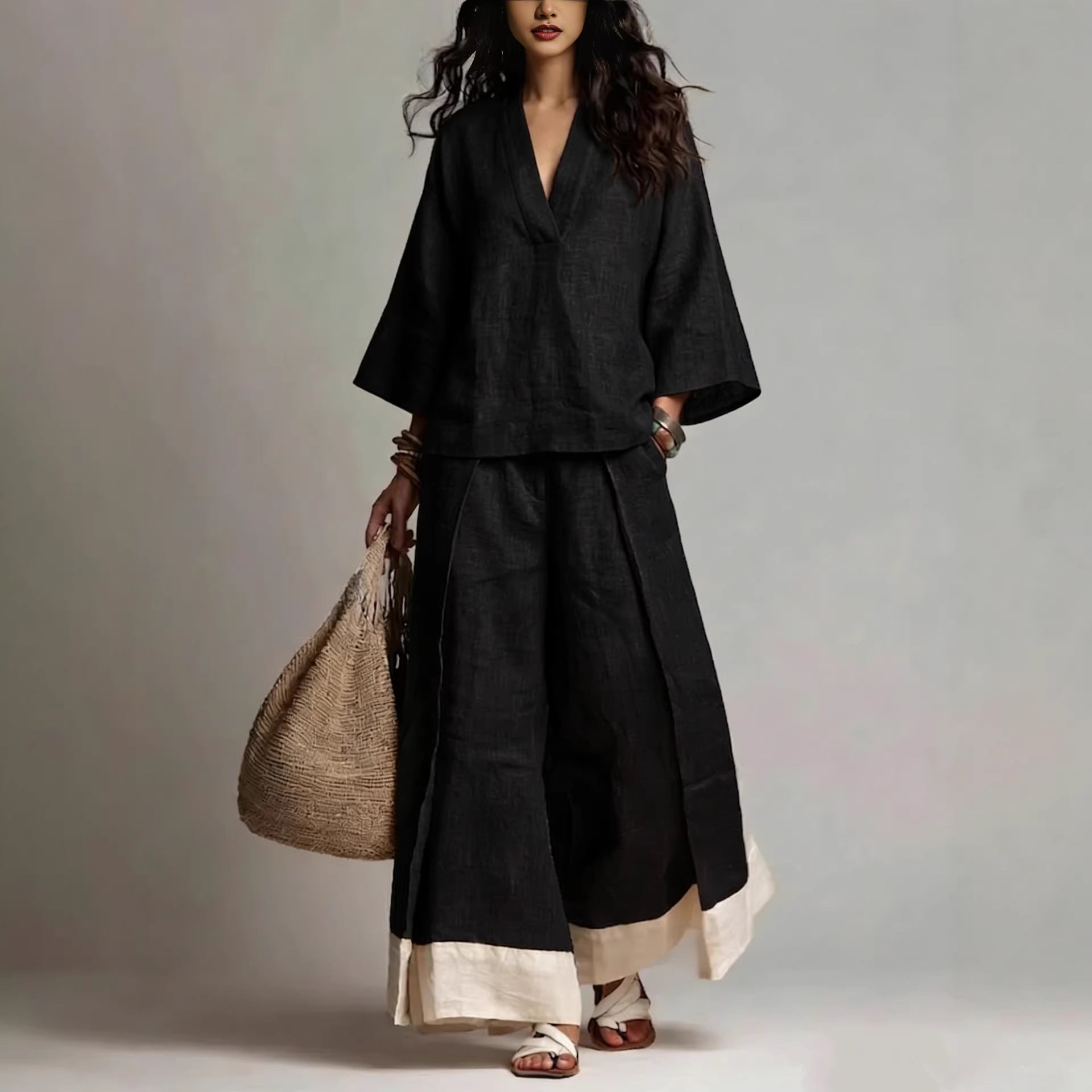 French V-Neck Three-Quarter Sleeve Shirt + Contrasting Color Wide-Leg Pants Suit For Women