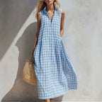 Women's Summer Resort Seaside Plaid Sleeveless Loose Long Dress
