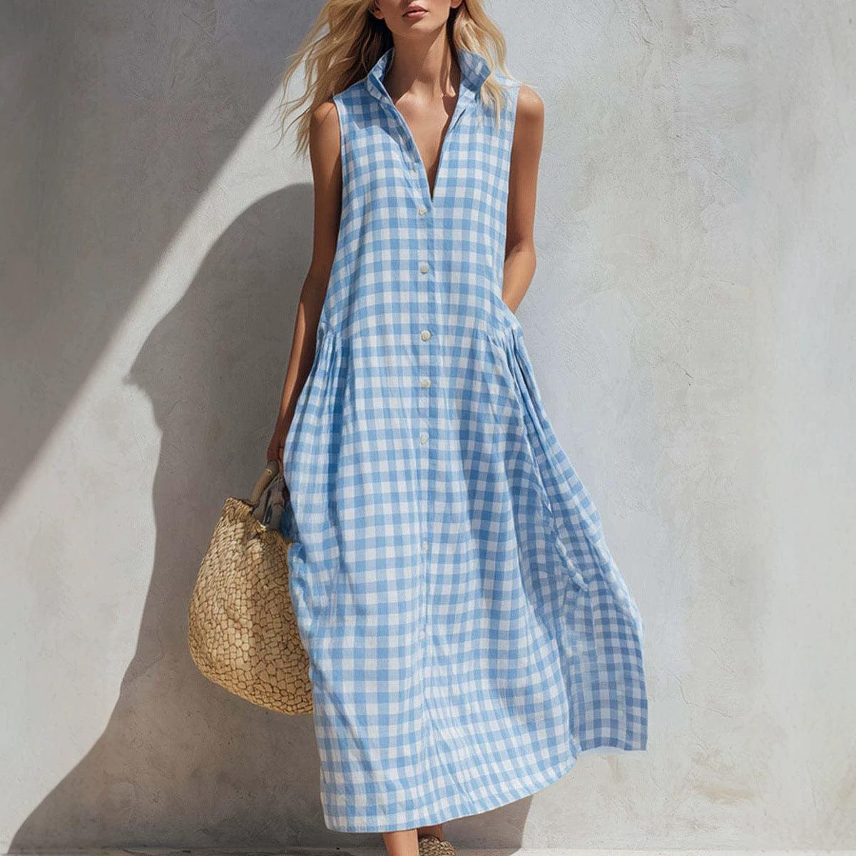 Women's Summer Resort Seaside Plaid Sleeveless Loose Long Dress