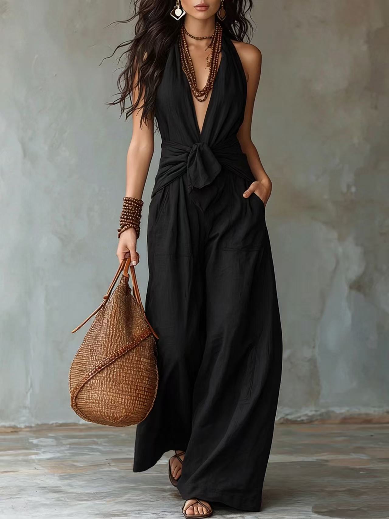 Earthy Brown Halter Wide-Leg Jumpsuit