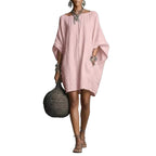 Women's Solid-color round-neck 3/4-sleeve Casual Loose Cotton-linen Dress