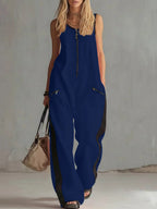 Women's Contrast Color Sleeveless Jumpsuit - Sporty Wide Leg with Zipper Detail (S-2XL)