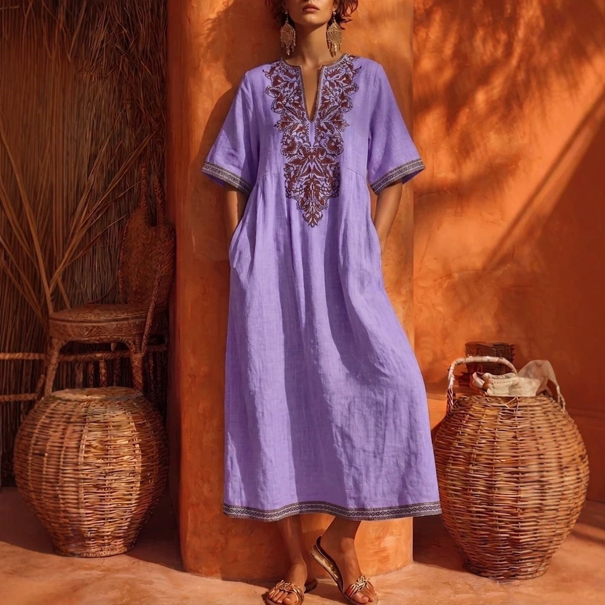 Linen Floral Embroidery V Neck Short Sleeve Midi Kaftan Dress