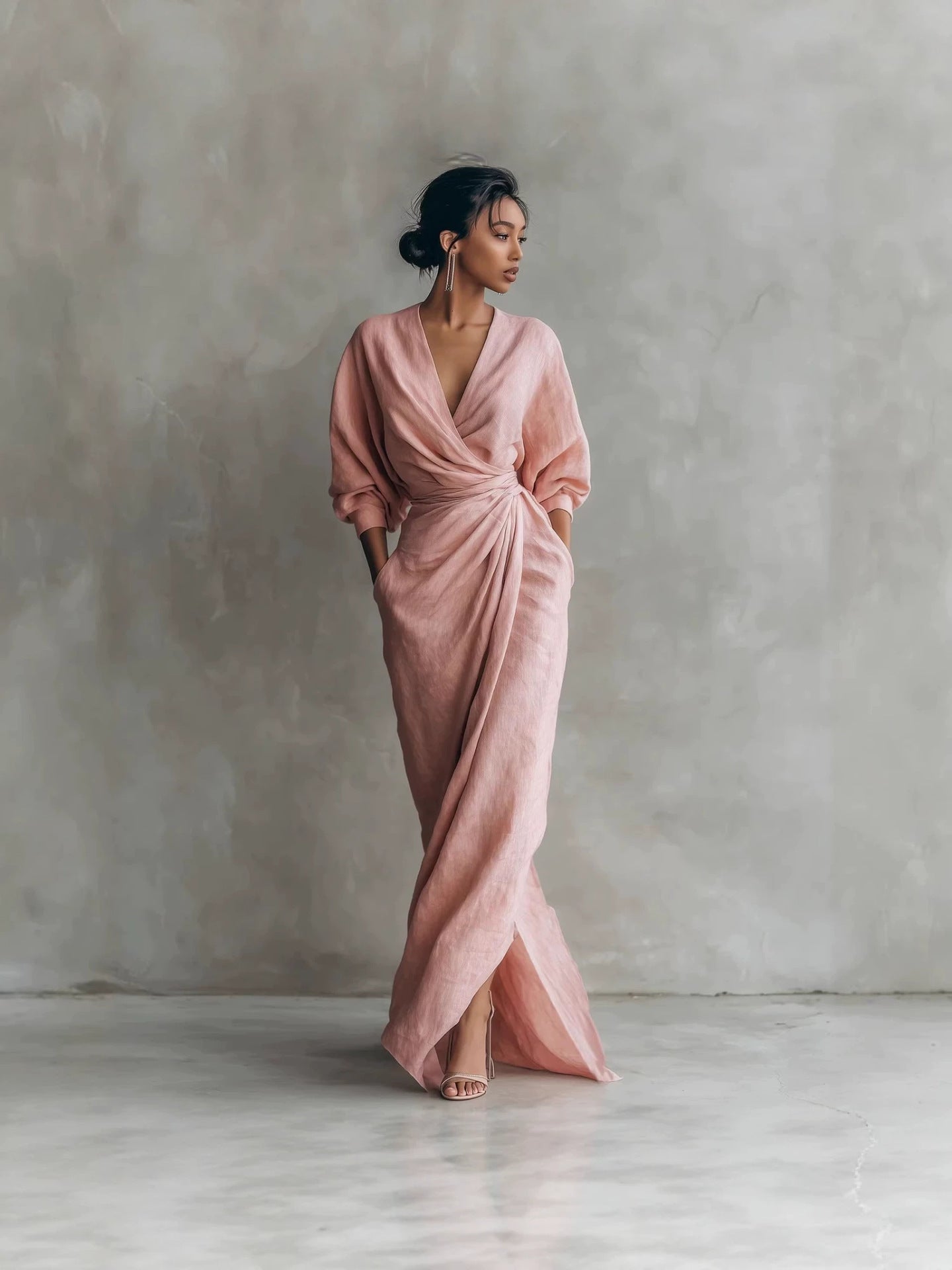 Women's Wrap‑Front Draped Linen Maxi Dress