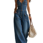 Women's Washed Denim Loose-Fit Sleeveless Jumpsuit