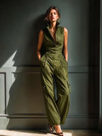 Sleeveless Collar Shirt Cargo Wide Leg Jumpsuit
