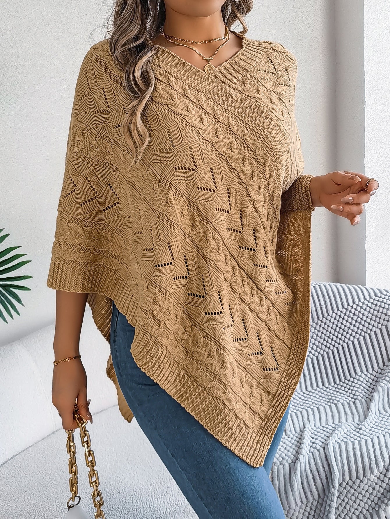 Cable Knit Hollow Out V-Neck Poncho Sweater Cape