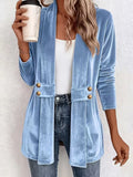 Women's Velvet Open Front Long Sleeve Mid Length Blazer Cardigan with Button Decor
