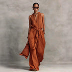Casual Lace-Up Sleeveless Cotton Blend Jumpsuit