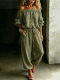 Sage Linen Off Shoulder Drawstring Waist Jogger Jumpsuit
