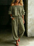 Sage Linen Off Shoulder Drawstring Waist Jogger Jumpsuit