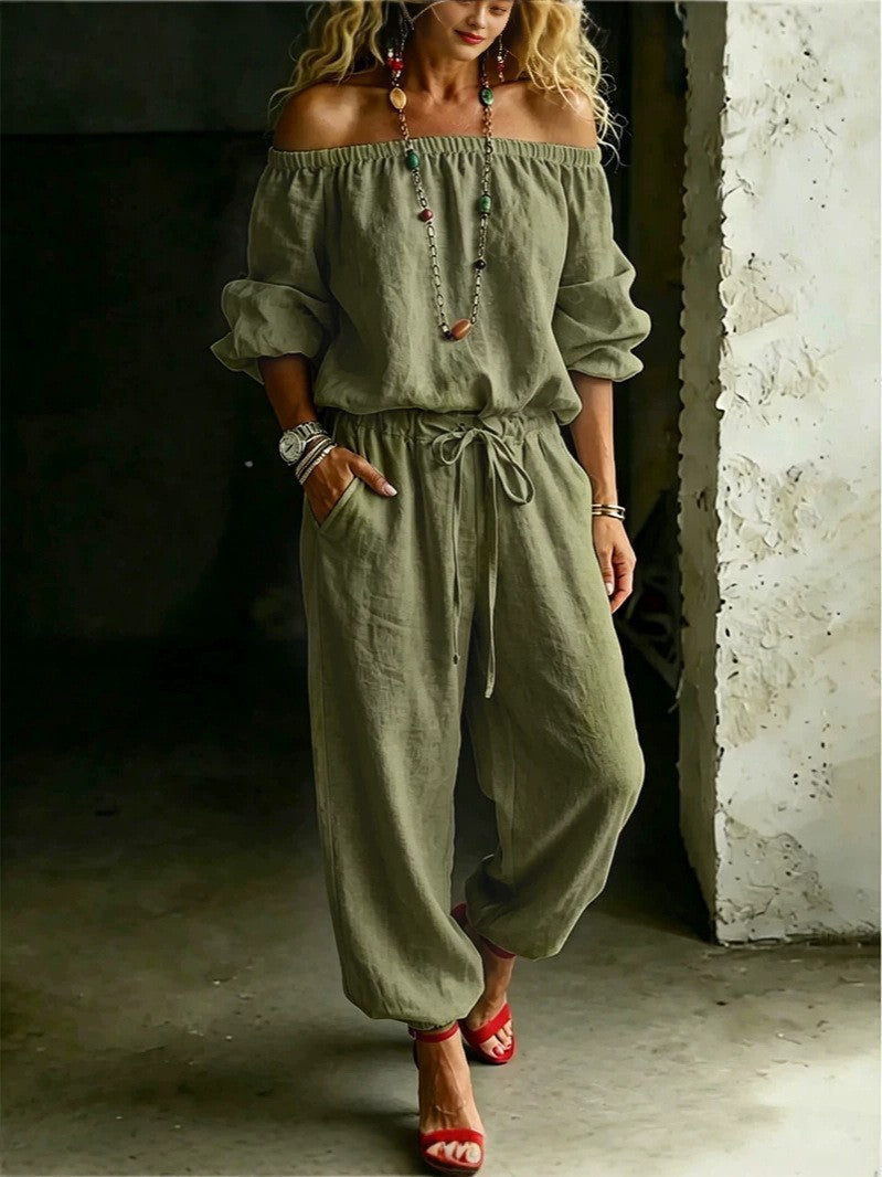 Sage Linen Off Shoulder Drawstring Waist Jogger Jumpsuit