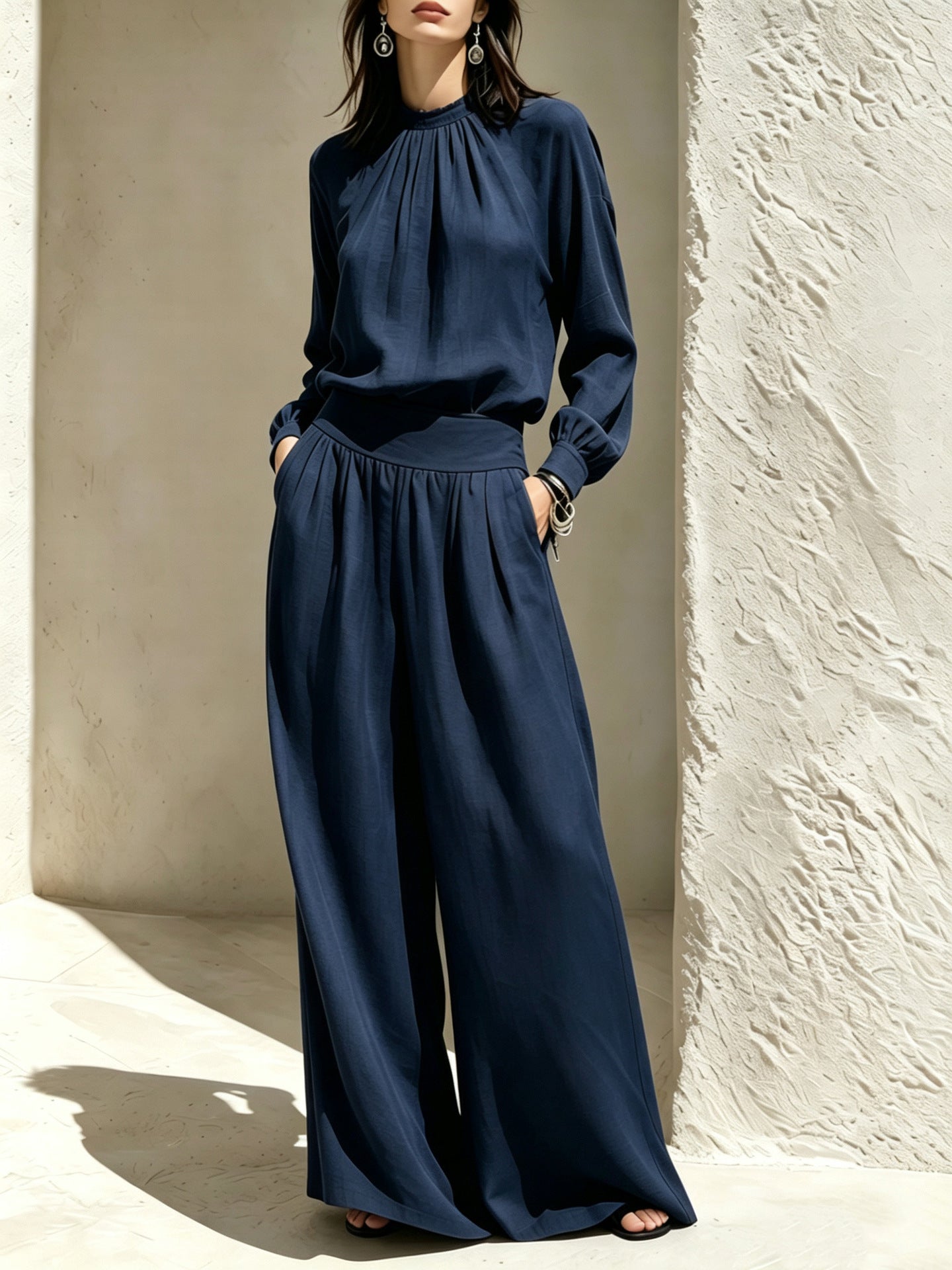 Women'S Gathered High‑Neck Blouse & Pleated Wide‑Leg Pants Two‑Piece Set