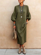 Elegant Solid-color Crew Neck With Puff Sleeves Maxi Dress