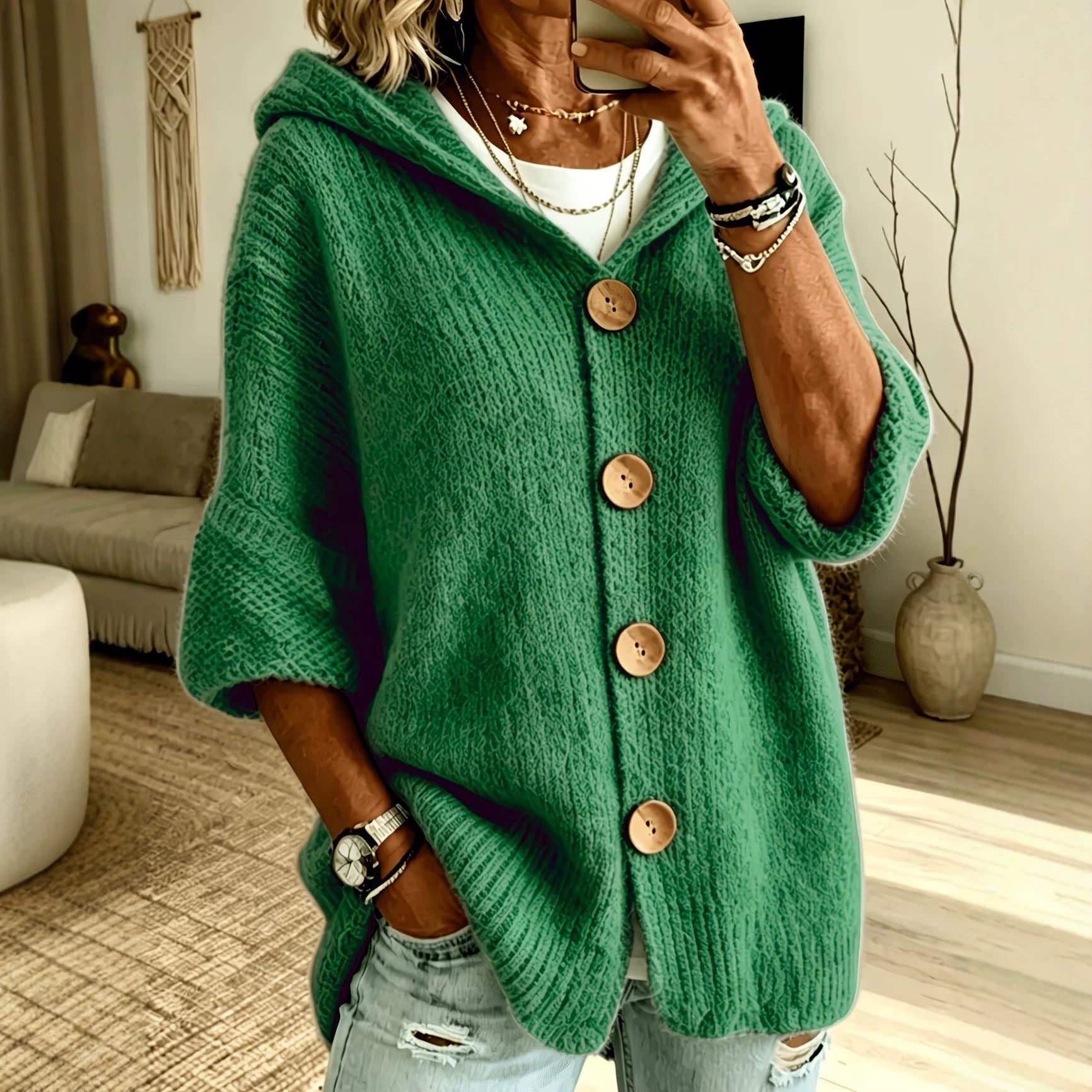 Hooded Button Front Chunky Knit Cardigan