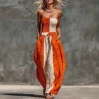 Strapless Orange And Off-White Contrasting Cotton And Linen Jumpsuit