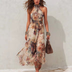 Sleeveless Vintage Watercolor Print Ruffled Flowy Vacation Dress