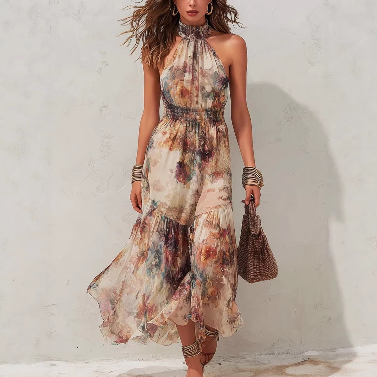 Sleeveless Vintage Watercolor Print Ruffled Flowy Vacation Dress