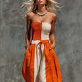 Strapless Orange And Off-White Contrasting Cotton And Linen Jumpsuit