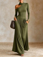 Women Turtleneck Cutout Long Sleeve Maxi Dress, Asymmetric Cold Shoulder Flowy Long Dress