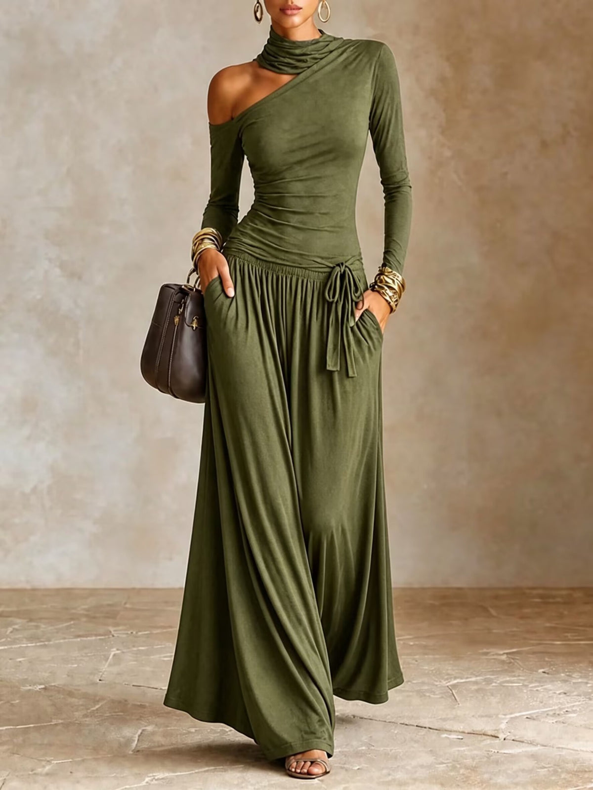 Women Turtleneck Cutout Long Sleeve Maxi Dress, Asymmetric Cold Shoulder Flowy Long Dress
