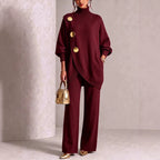 Turtleneck Gold‑Button Asymmetric Knit Tunic & Wide‑Leg Pants Two‑Piece Set