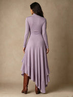 Mock Neck Wrap Dress with Asymmetric Ruffle Hem