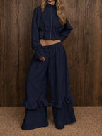 Casual Dusty Lavender Cropped Jacket and Flared Ruffle Pant Set