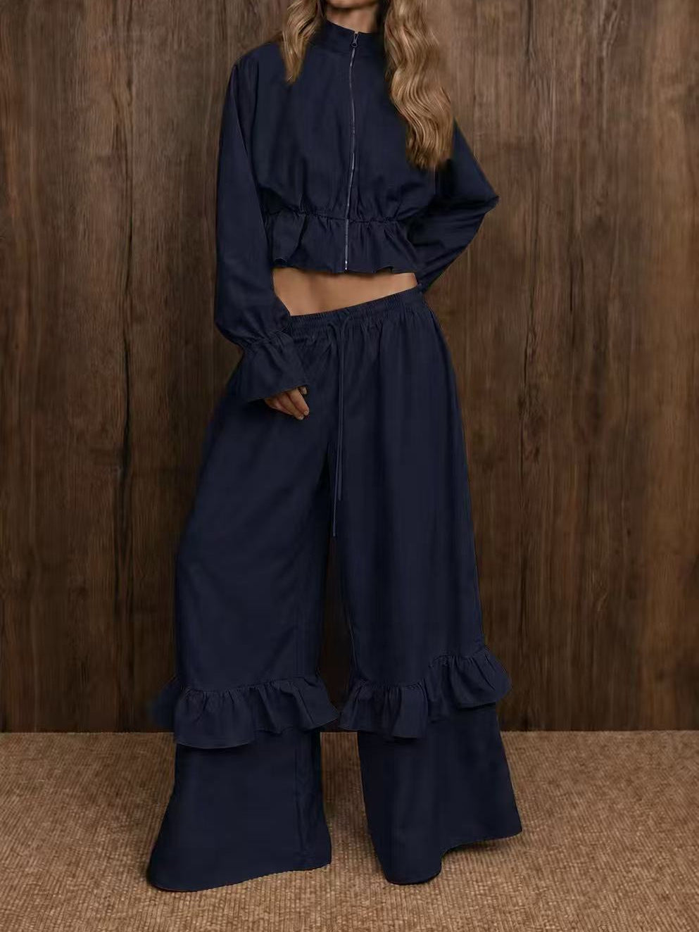 Casual Dusty Lavender Cropped Jacket and Flared Ruffle Pant Set