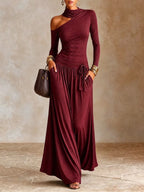 Women Turtleneck Cutout Long Sleeve Maxi Dress, Asymmetric Cold Shoulder Flowy Long Dress