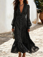 Women's Green White Polka Dot Ruffle V-Neck Long Sleeve Flowy Maxi Dress