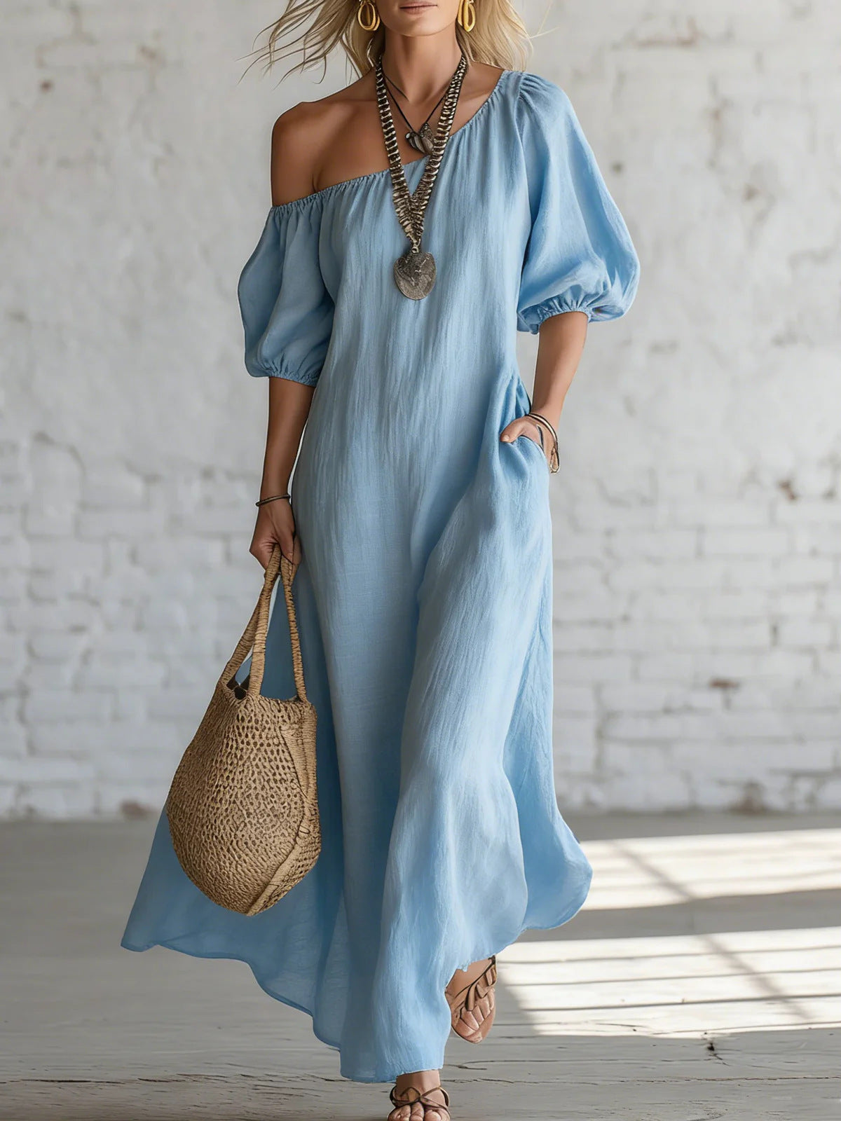 Effortless Off-Shoulder Linen-Blend Maxi Dress